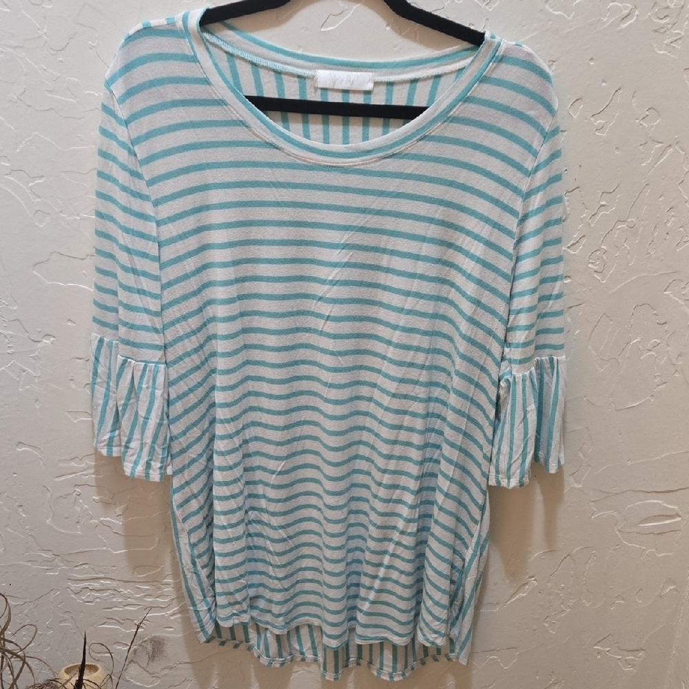 3/$10 Aqua Striped 3/4 Bell Sleeve Women's Top